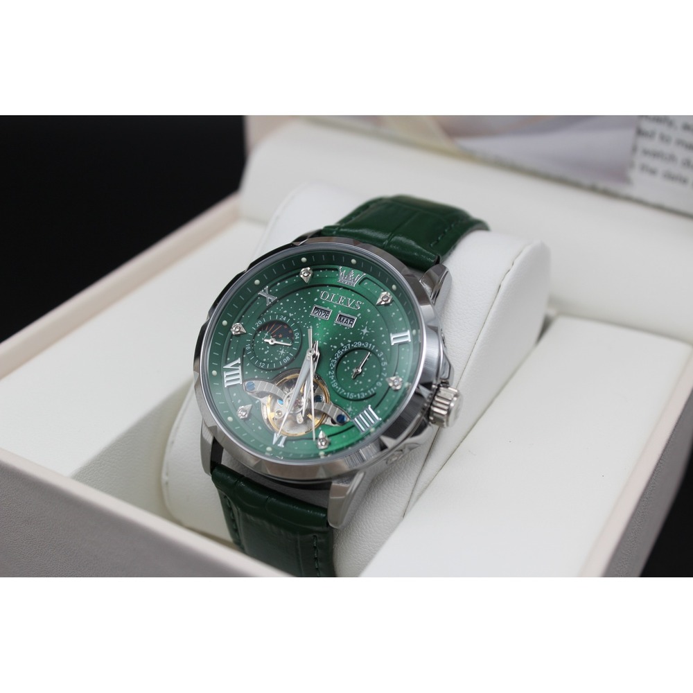 OLEVS Mens Automatic Mechanical Watch Green Dial Leather Strap Moon Phase 6651
